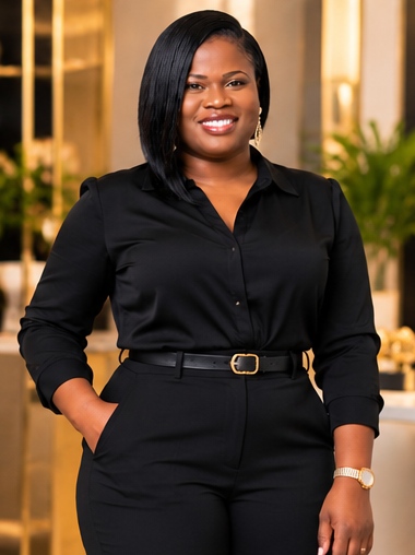 Cherline Daniel in a black outfit with a gold belt